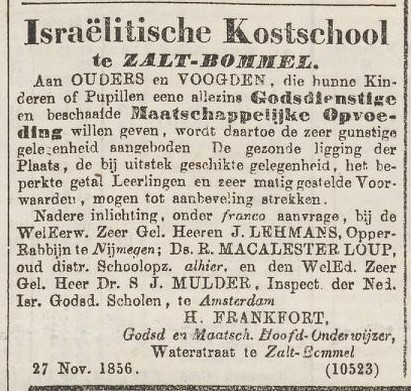 Frankfort Joodse school Adv NRC 29 nov 1856